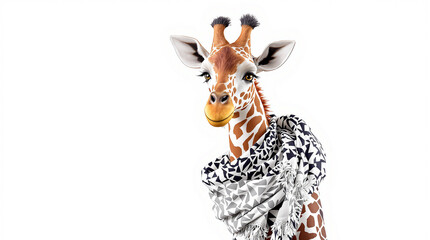Elegant giraffe with a chic patterned scarf, isolated on white