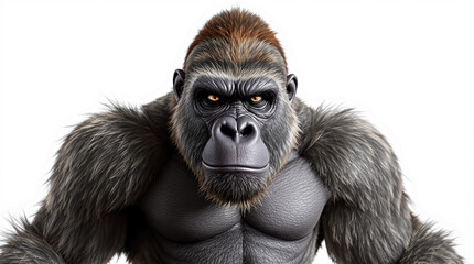 Intense 3D Rendered Gorilla Portrait with Powerful Gaze on White Background