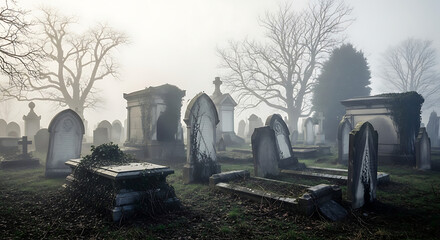 A foggy graveyard with old tombstones and trees in the background creating a spooky atmosphere ai generated
