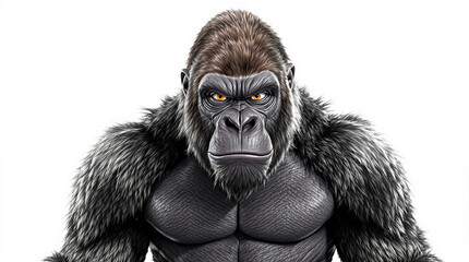 Intense Silverback Gorilla Portrait. Powerful Primate Staring. 3D Render on White Background.