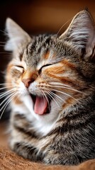 Close-up of Tabby Kitten Yawning with Eyes Closed and Mouth Open
