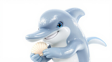 Adorable Cartoon Dolphin Mascot Holding a Seashell, Isolated on White
