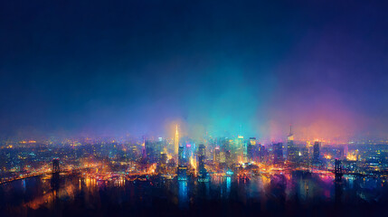 Obraz premium Aerial view of a city skyline at night with colorful lights reflecting on the water below the buildings