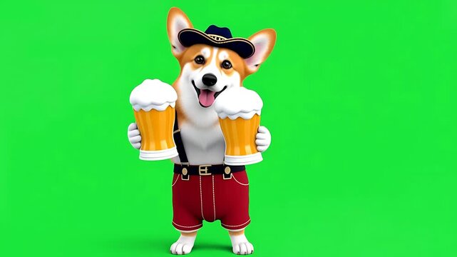 Cheerful Corgi in Lederhosen Holding Beer Steins on Green Screen
