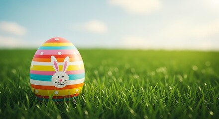 Easter egg on green grass with blue sky background
