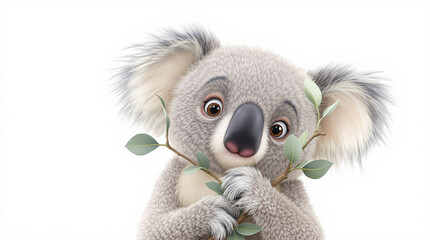 Adorable Koala Bear Illustration Holding Eucalyptus Leaves on White Background