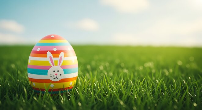 Easter egg on green grass with blue sky background