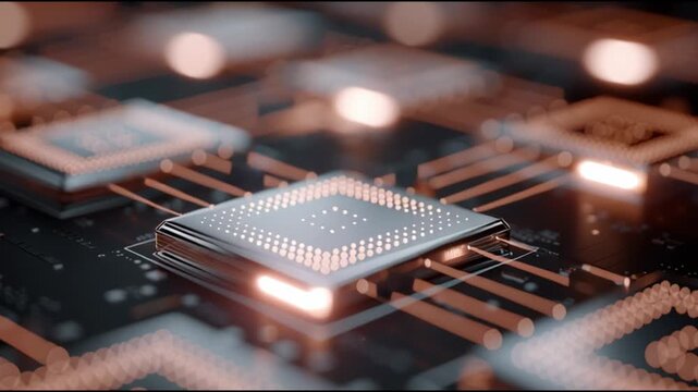 Close-up exploration of intricate computer chip design highlighting glowing components in a dark environment