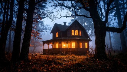 A dimly lit, aged house sits in a misty forest at night, its warm windows glowing
