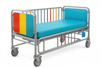 Modern hospital bed featuring romanian flag, symbolizing healthcare system, medical tourism, and romanian hospitals, on a transparent background