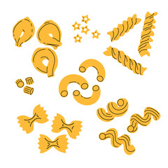 Obraz premium Different sorts of pasta in flat modern style. Farfalle, tortellini, stellini, ditalini, fusillii, macaroni, cavatappi. Traditional Italian home made food. Vector illustrations isolated on white.