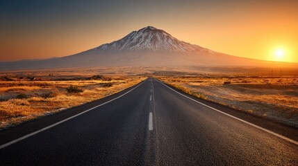 Asphalt road stretching to snowy volcano at sunrise