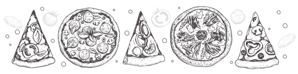 Hand drawn sketch style various pizzas and slices set. Best for Italian restaurant and delivery menu flyers designs. Vector illustration.
