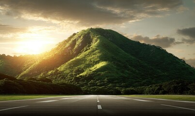 Lush mountain peaks, paved road stretches into distance