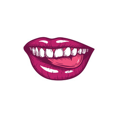 Fototapeta premium Sexy smiling mouth with bright red glossy bitten lips and tonque. Color sketch hand drawn style. Vector illustration isolated on white background.