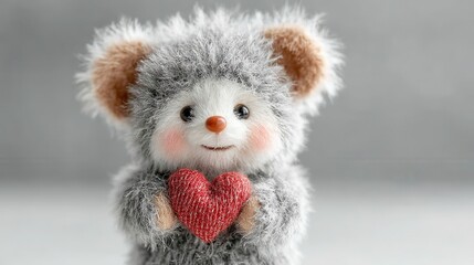 Cute Fluffy Toy Animal Holding a Red Heart for Valentine's Day