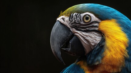 Obraz premium Close-up profile of vibrant blue-and-yellow macaw against dark background