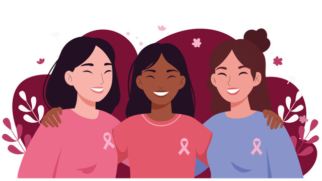 Diverse women with pink ribbons for breast cancer awareness, flat vector illustration. Health care and prevention campaign concept.