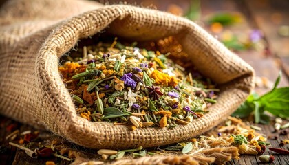 Obraz premium Close-up of mixed dried herbs and flowers spilling from a burlap sack.