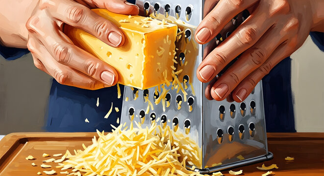 Close-up of hands grating a block of yellow cheese on a metal grater, creating a pile of shredded cheese on a wooden cutting board.