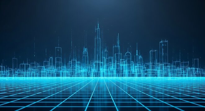 Digital cityscape formed by glowing blue lines and grids, symbolizing a futuristic technological urban environment