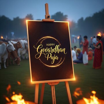 Ezel Displaying Happy Govardhan Puja Message With Cows And People hindu festival