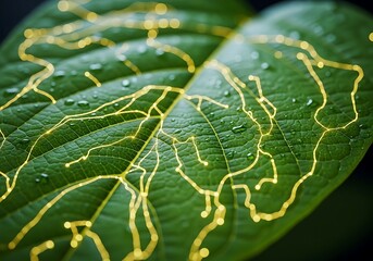 Closeup of a vibrant green leaf with glowing golden circuits and water droplets, representing natures integration with technology and sustainable growth