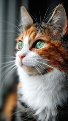 Close-up Portrait of a Calico Cat with Striking Green Eyes Looking Away