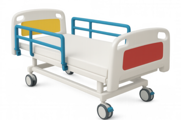 Hospital bed with raised safety rails, supporting patient comfort and healing, positioned on clear background