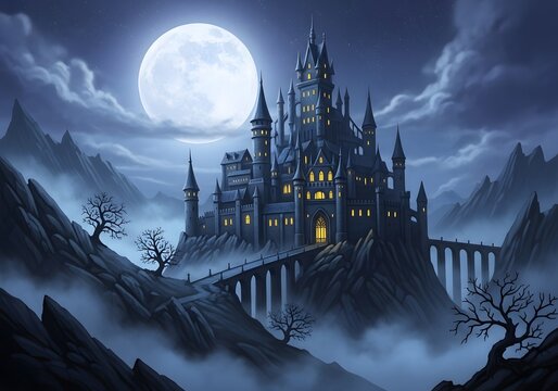Mysterious castle under a full moon with dramatic lighting and gothic architecture design - Powered by Adobe