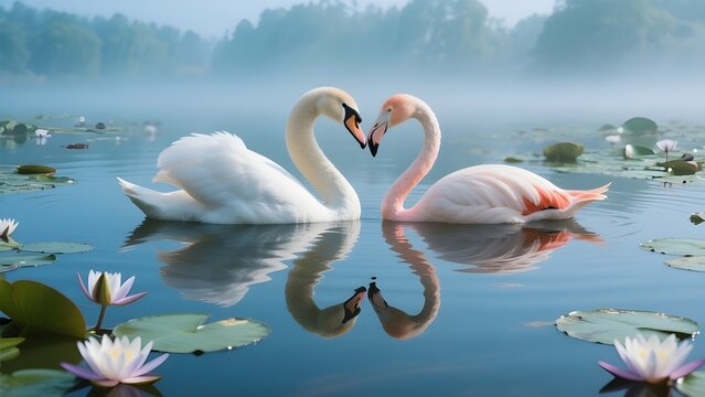 Two swans swimming gracefully on a lake