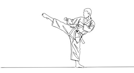 Obraz premium Karateka performing high kick in traditional attire on white background 