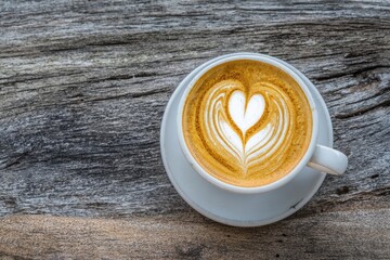 Latte art heart design on a rustic wooden surface