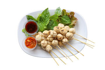 Grilled Chicken Meatball Skewers with Dipping Sauces

