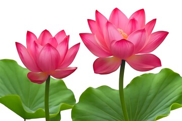 Obraz premium Two vibrant pink lotus flowers with green leaves on white background