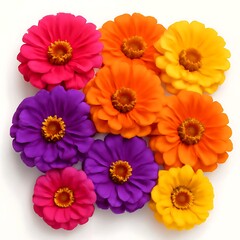 Vibrant Zinnia Flowers in Assorted Colors on White Background