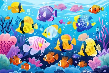 Obraz premium tropical fish in a coral reef, illustration -