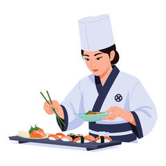 Sushi Chef Preparing Nigiri and Maki Rolls with Chopsticks and Salad Bowl.