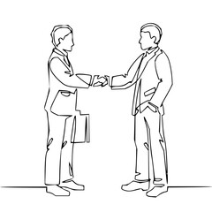 Continuous line drawing of two businessmen shaking hands in agreement and collaboration on a deal together