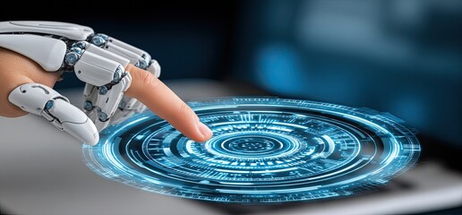 Robotic hand interacts with a futuristic, glowing, circular interface