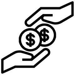 Hands exchanging dollar coins in a transaction with a simple black and white line drawing style icon