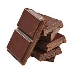 dark chocolate pieces stacked on white background.