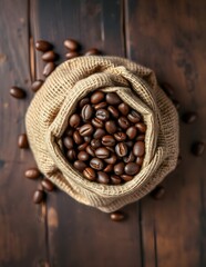 coffee beans in a bag on wooden background