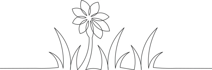Grass and flowers continuous one line drawing in minimalist style with simple outline illustration