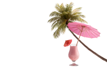 Tropical pink cocktail under palm tree isolated on transparent background