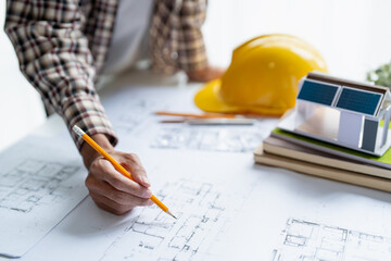 Architectural Drawing of Business Building Project Designing Solar Roof House Construction.