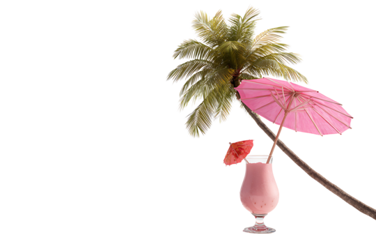 Tropical pink cocktail under palm tree isolated on transparent background