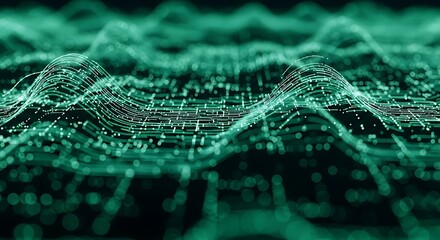 Abstract green digital landscape with flowing lines and data points, symbolizing technology and connectivity