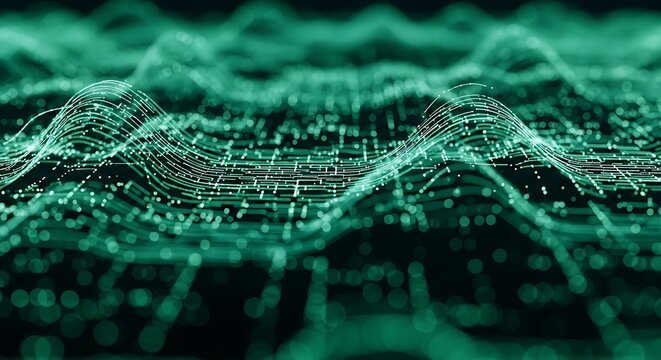 Abstract green digital landscape with flowing lines and data points, symbolizing technology and connectivity