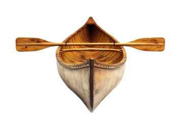 Wooden canoe with paddle isolated on transparent background